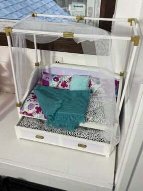 American Girl White Canopy Doll Bed with Teal Throw and Floral Accents